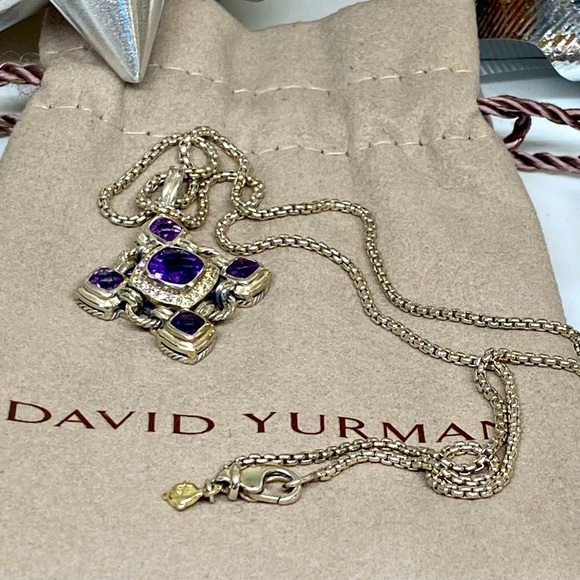 DAVID YURMAN Diamond Amethyst Renaissance Pendant on 18” DY Sterling Box Chain - Picture 14 of 16